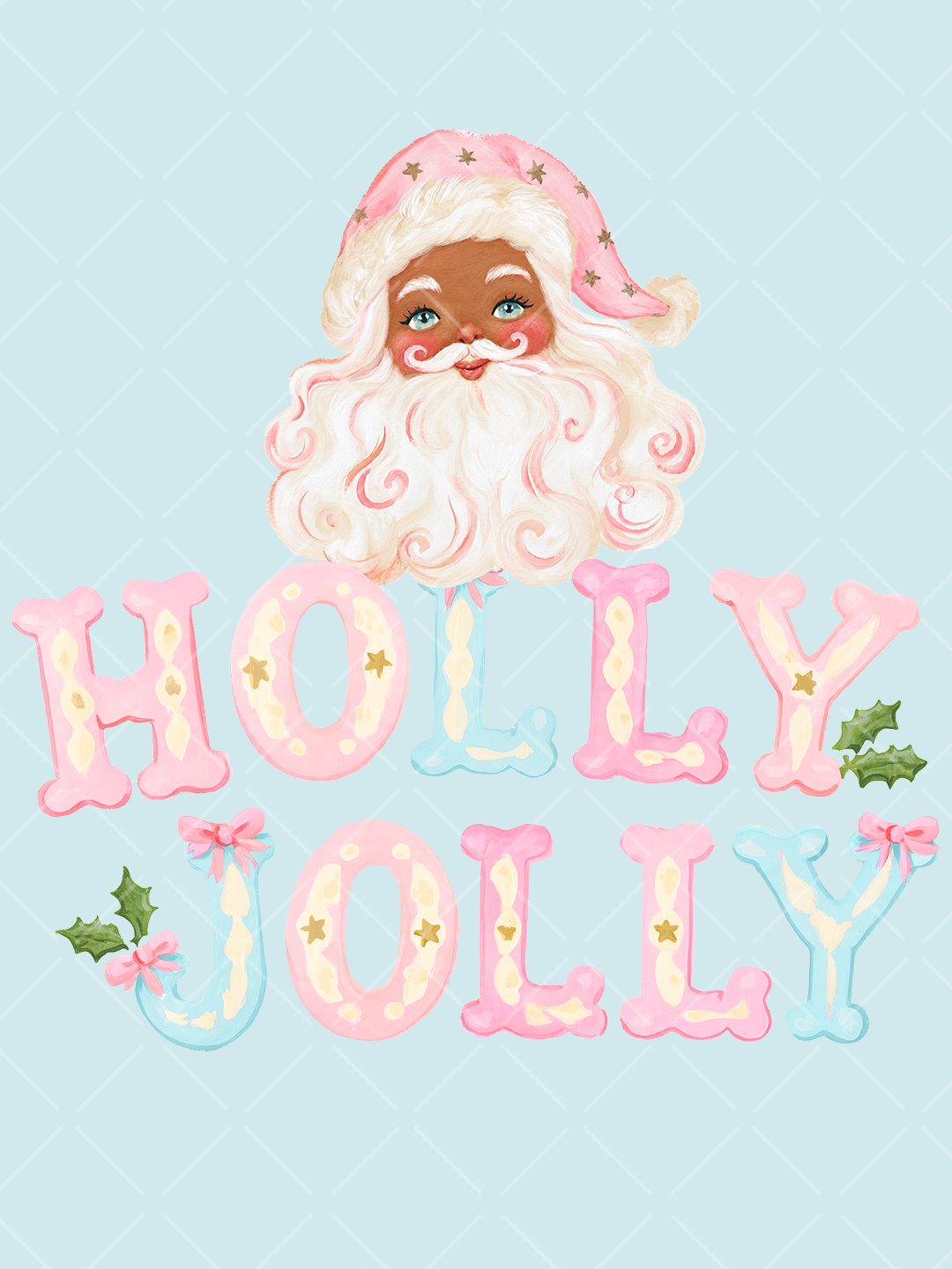Hand-painted Black Santa with a pink starry hat above pastel candy-style Holly Jolly lettering, bows, and holly leaves