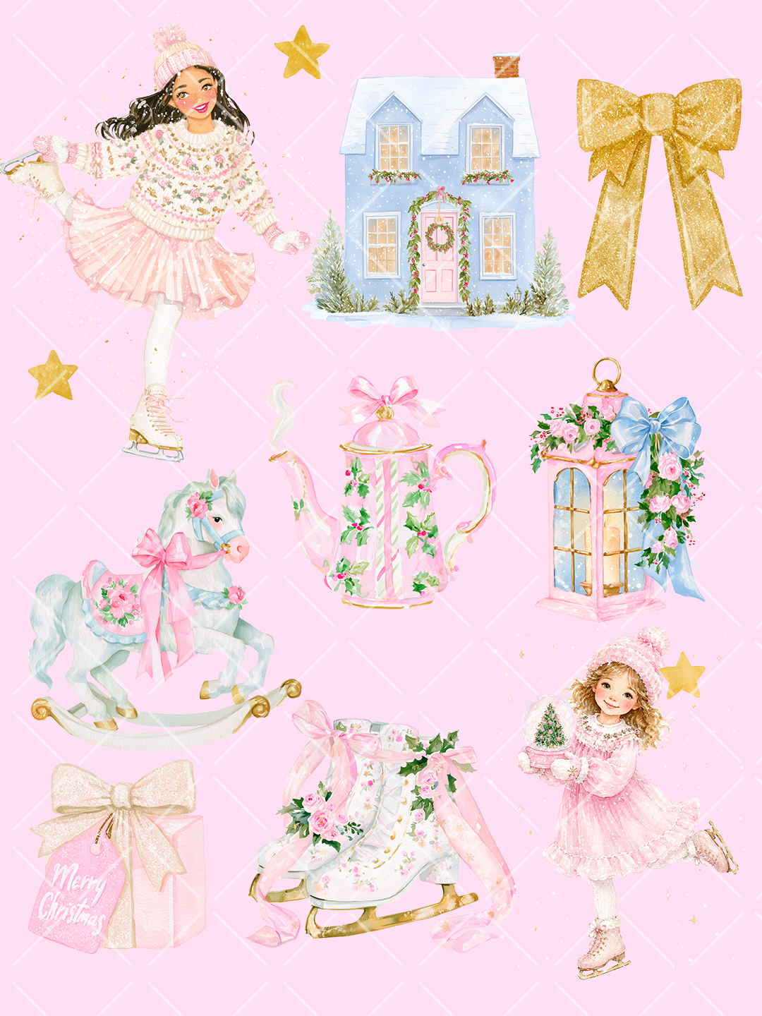 Pink Christmas Watercolor Clipart Bundle - 72 PNG Files