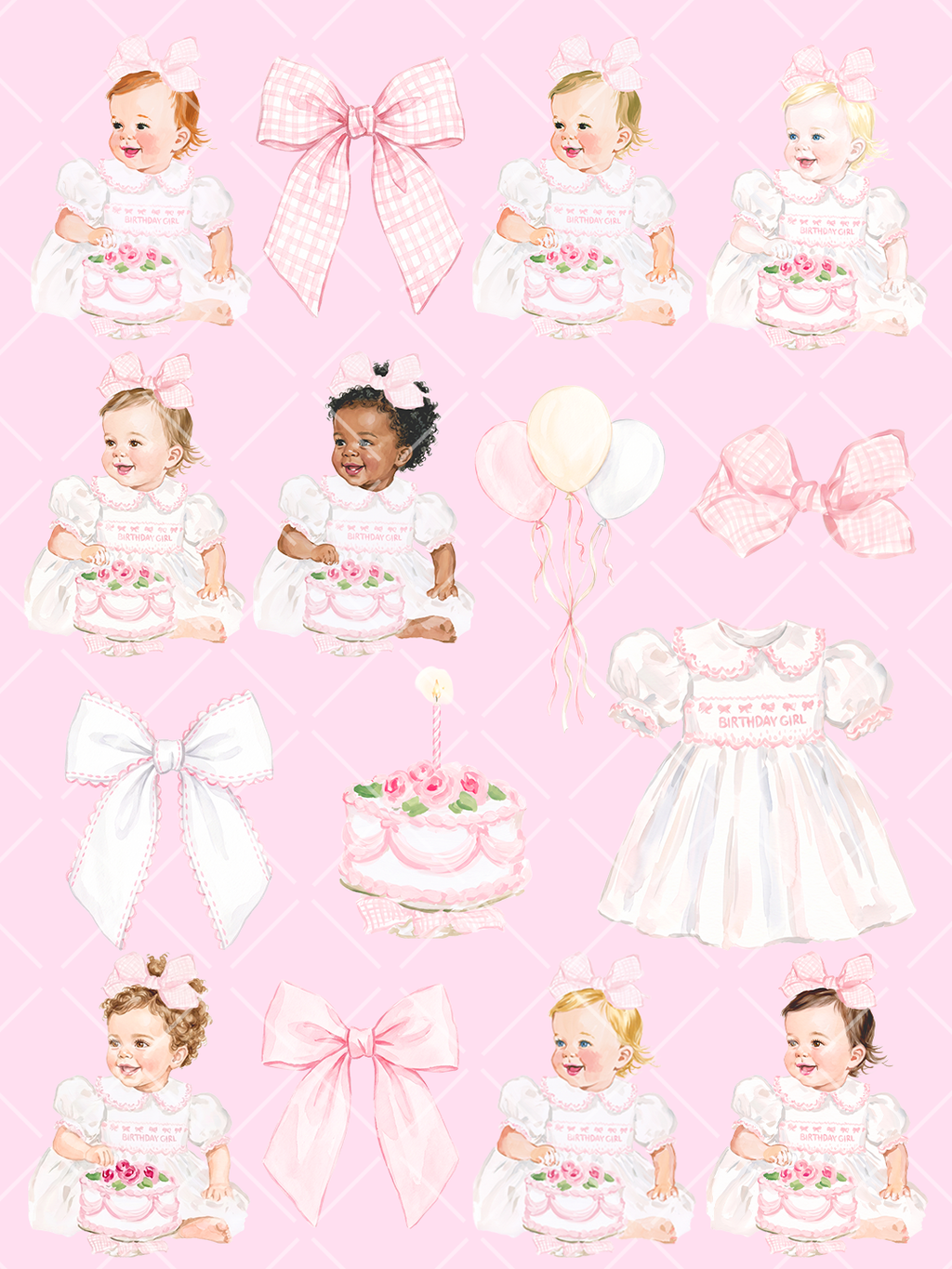 Watercolor first birthday girl clipart collection with baby girls in white dresses, pink gingham bows, balloons, a floral cake, and party details.