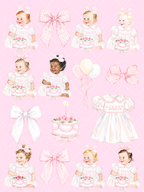 Watercolor first birthday girl clipart collection with baby girls in white dresses, pink gingham bows, balloons, a floral cake, and party details.