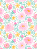 Seamless watercolor floral pattern with large pink peonies, rosebuds, yellow flowers, and mint leafy stems on white.