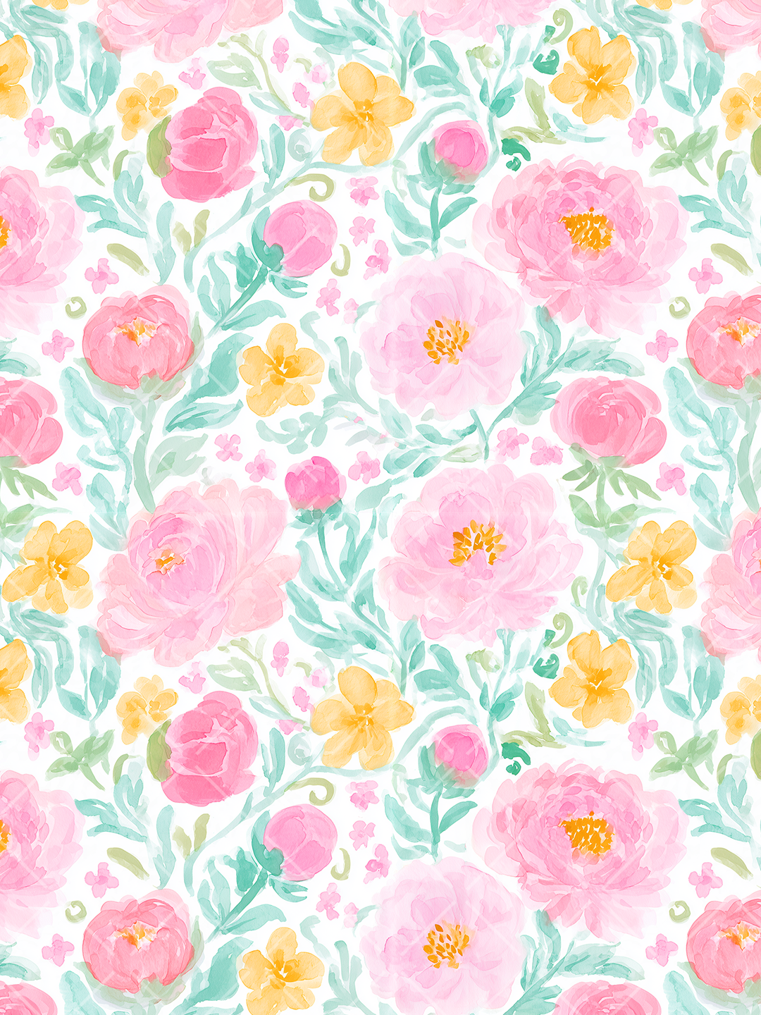 Seamless watercolor floral pattern with large pink peonies, rosebuds, yellow flowers, and mint leafy stems on white.