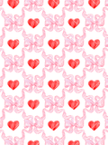 Watercolor seamless pattern of large pink ribbon bows and bright red hearts arranged on a white background.