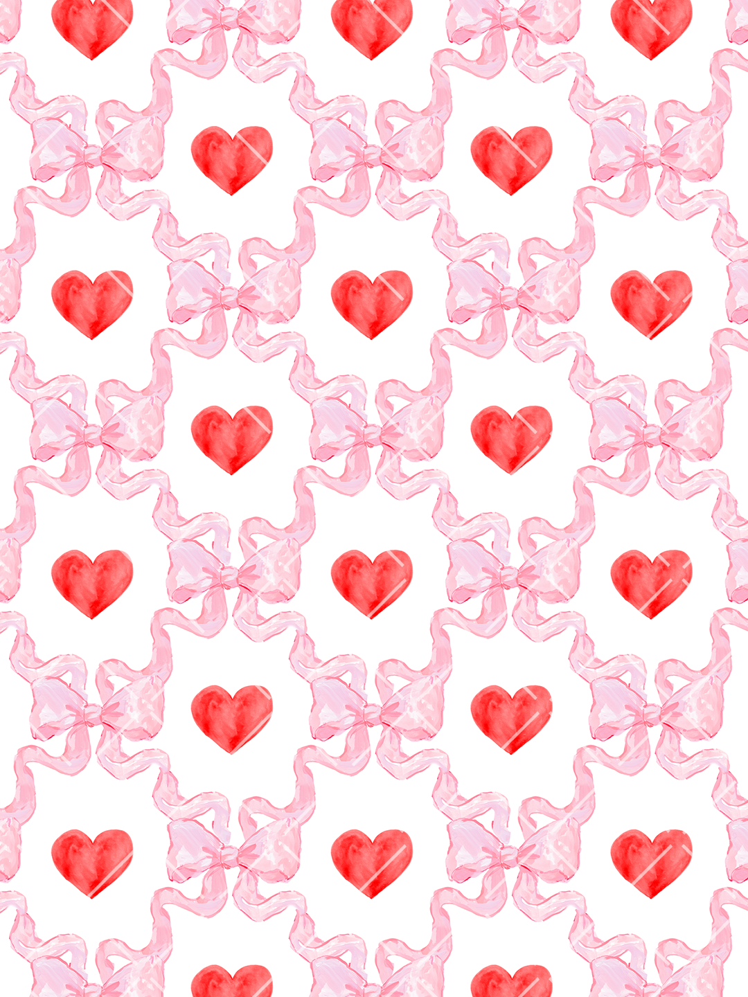 Watercolor seamless pattern of large pink ribbon bows and bright red hearts arranged on a white background.