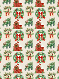 Watercolor Christmas farm seamless pattern with red barns, green tractors carrying trees, floral baskets, wreaths, berries, and red bows on a cream diamond background