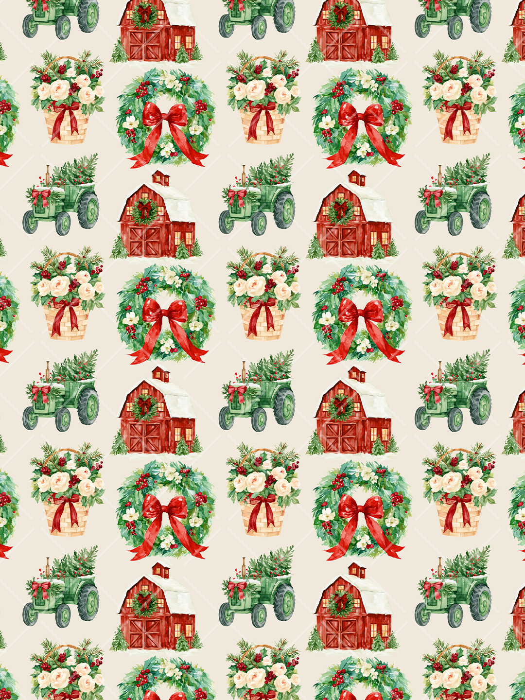 Watercolor Christmas farm seamless pattern with red barns, green tractors carrying trees, floral baskets, wreaths, berries, and red bows on a cream diamond background