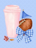 Watercolor game day design featuring a pink coffee cup, brown football, blue pennant, oversized blue gingham bow, and small fall leaves.