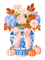 Watercolor Fall Chinoiserie Vase and Pumpkins PNG