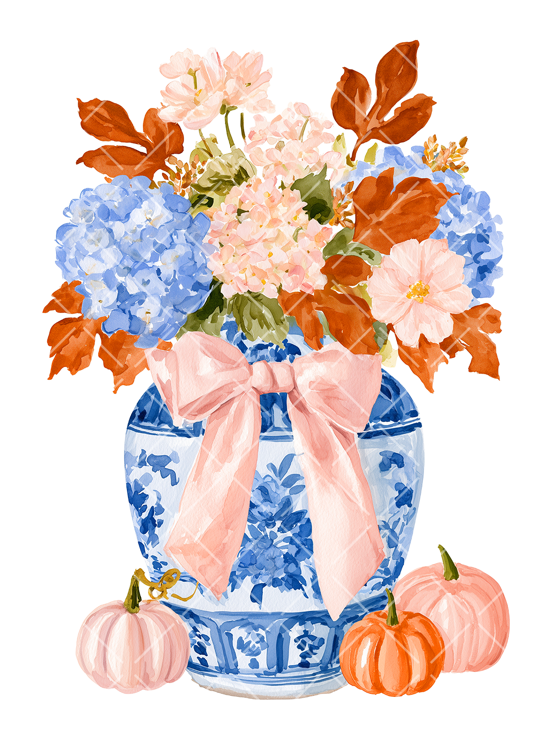 Watercolor Fall Chinoiserie Vase and Pumpkins PNG