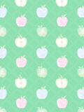 Pastel watercolor pink, blue, green, and cream apples arranged in a seamless pattern over a mint diagonal lattice background