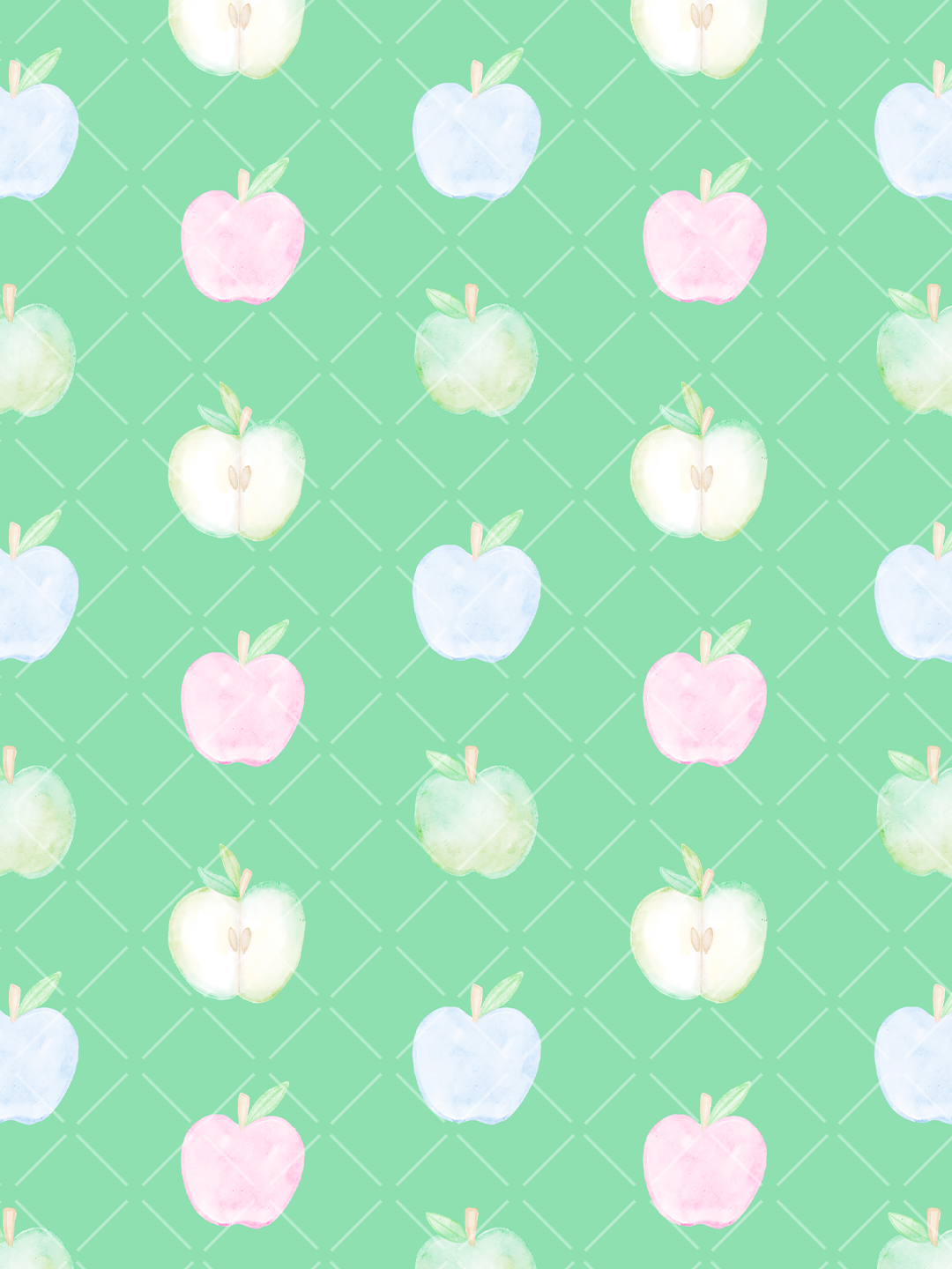 Pastel watercolor pink, blue, green, and cream apples arranged in a seamless pattern over a mint diagonal lattice background