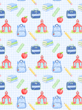 Watercolor school supplies seamless pattern with blue backpacks, lunch boxes, books, apples, pencils, rulers, and red schoolhouses on blue gingham.