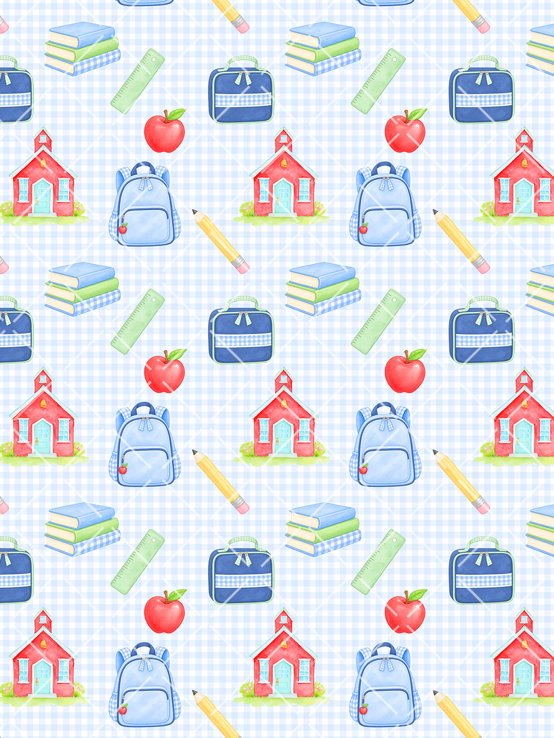 Watercolor school supplies seamless pattern with blue backpacks, lunch boxes, books, apples, pencils, rulers, and red schoolhouses on blue gingham.