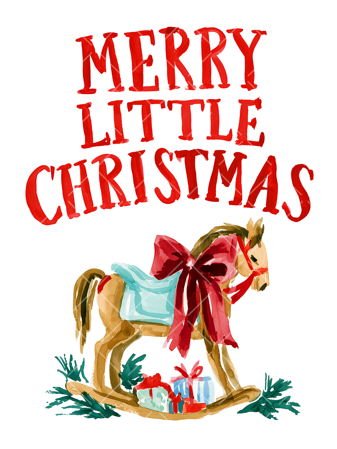 Merry Little Christmas Watercolor Rocking Horse PNG