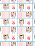 Watercolor seamless pattern with a dark-skinned apple-picking girl, red apples, pink gingham bows, striped tiles, and blue grid lines.