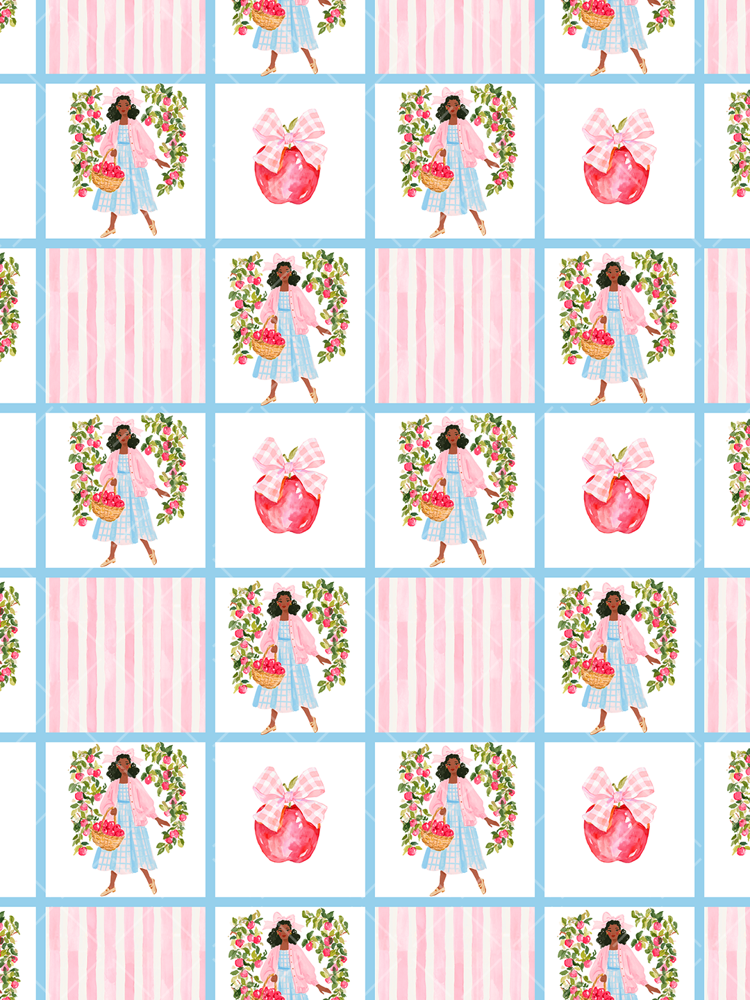 Watercolor seamless pattern with a dark-skinned apple-picking girl, red apples, pink gingham bows, striped tiles, and blue grid lines.