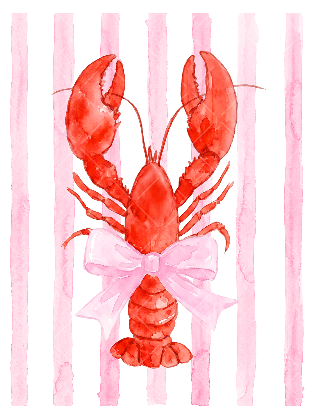 Watercolor red lobster decorated with a pale pink bow over vertical pink watercolor stripes