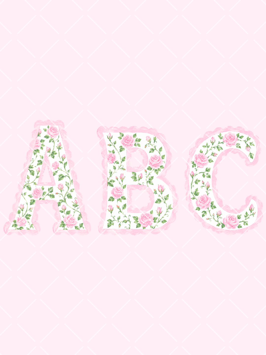 Watercolor floral alphabet preview showing uppercase A, B, and C filled with pink roses and green vines and edged in pink scallops.