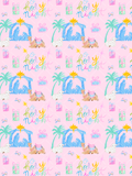 Pink watercolor Christmas pattern with O Holy Night lettering, the Holy Family in a nativity stable, camels, lambs, gifts, bows, and palm trees.