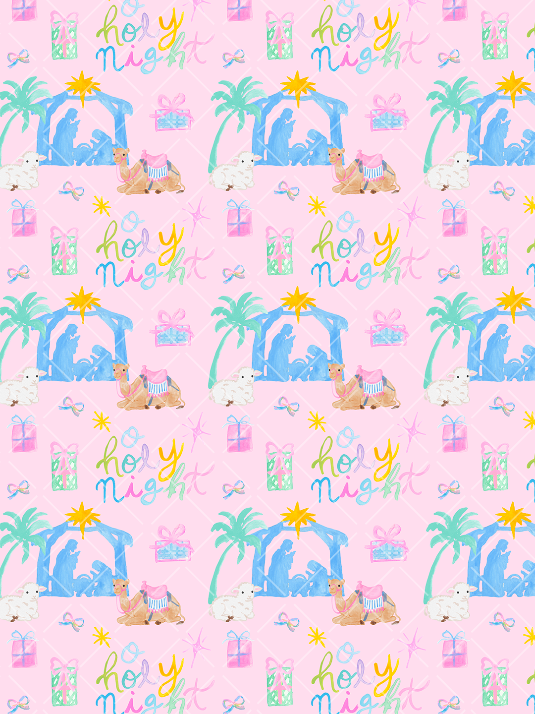 Pink watercolor Christmas pattern with O Holy Night lettering, the Holy Family in a nativity stable, camels, lambs, gifts, bows, and palm trees.
