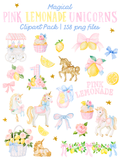Watercolor pink lemonade unicorn clipart preview featuring unicorns, lemons, gingham bows, roses, cupcakes, a lemonade cart, and floral garlands.
