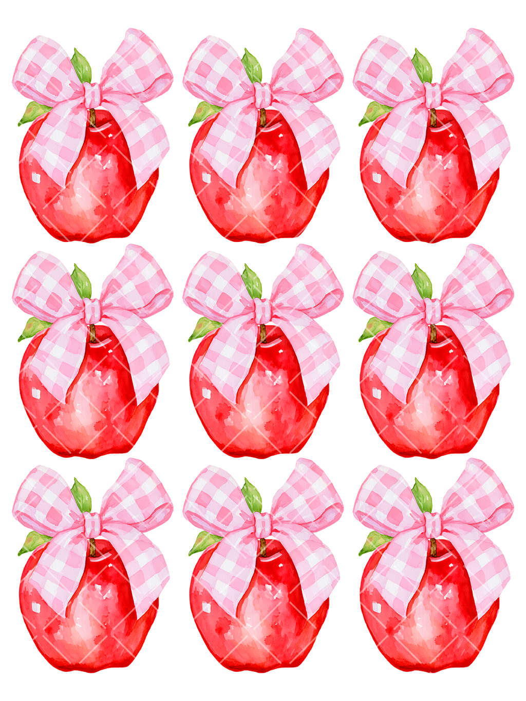 Watercolor Apple with Pink Gingham Bow PNG Design