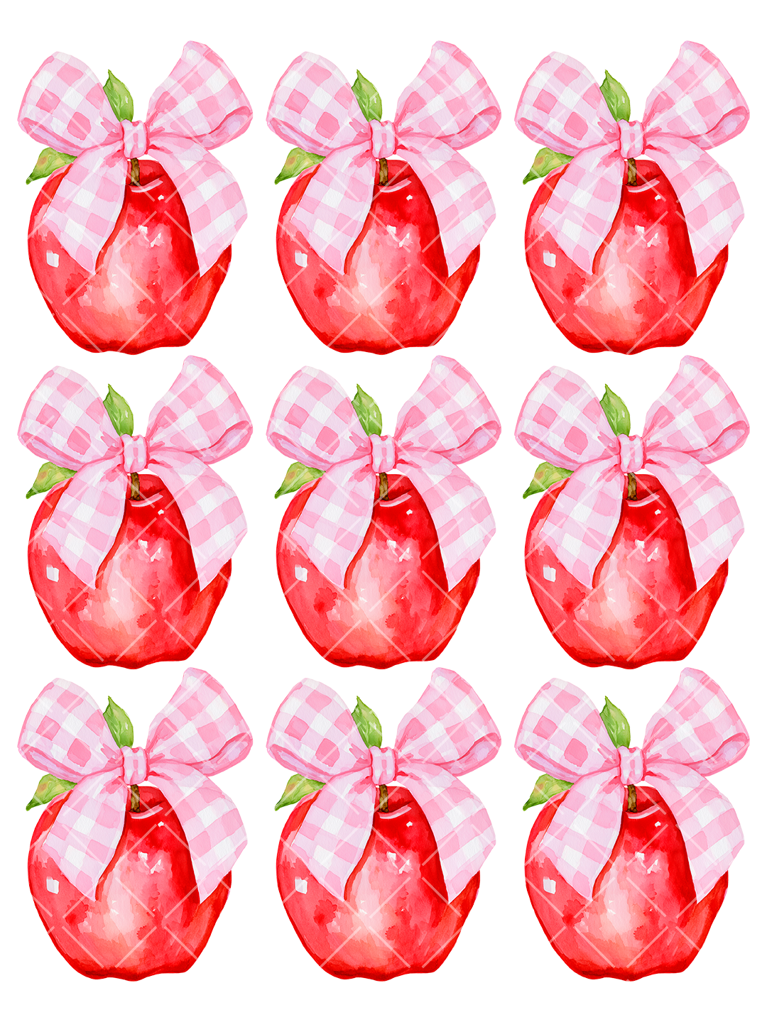 Watercolor Apple with Pink Gingham Bow PNG Design