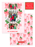 Pink gingham watercolor Christmas card template with three photo frames, striped bows, holly, candy canes, Merry Christmas lettering, and a coordinating patterned back.