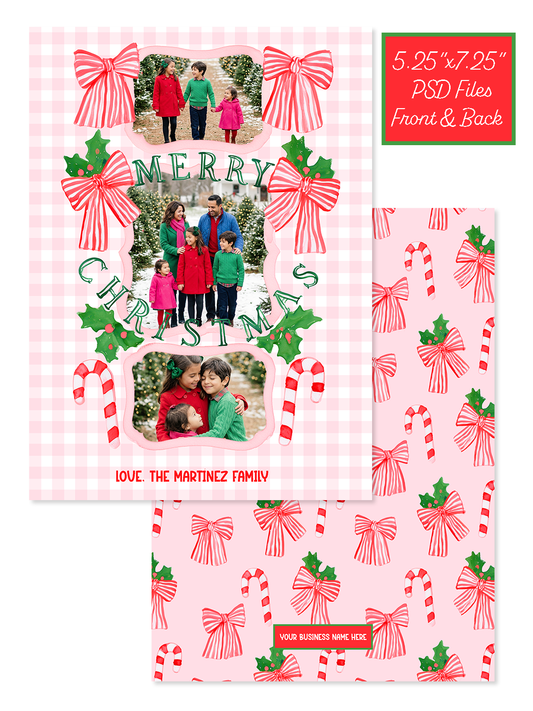 Pink gingham watercolor Christmas card template with three photo frames, striped bows, holly, candy canes, Merry Christmas lettering, and a coordinating patterned back.