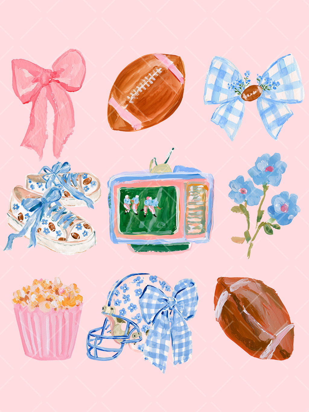 Preppy watercolor football game day design with pink and blue bows, footballs, a floral helmet, sneakers, popcorn, flowers, and a retro television.