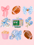 Preppy watercolor football game day design with pink and blue bows, footballs, a floral helmet, sneakers, popcorn, flowers, and a retro television.