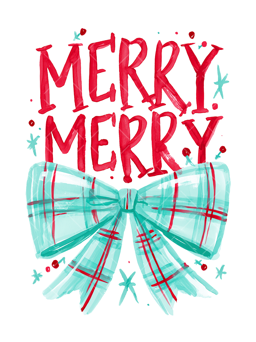 Watercolor Merry Merry Christmas design with red lettering, a large mint plaid bow, berries, and scattered star accents