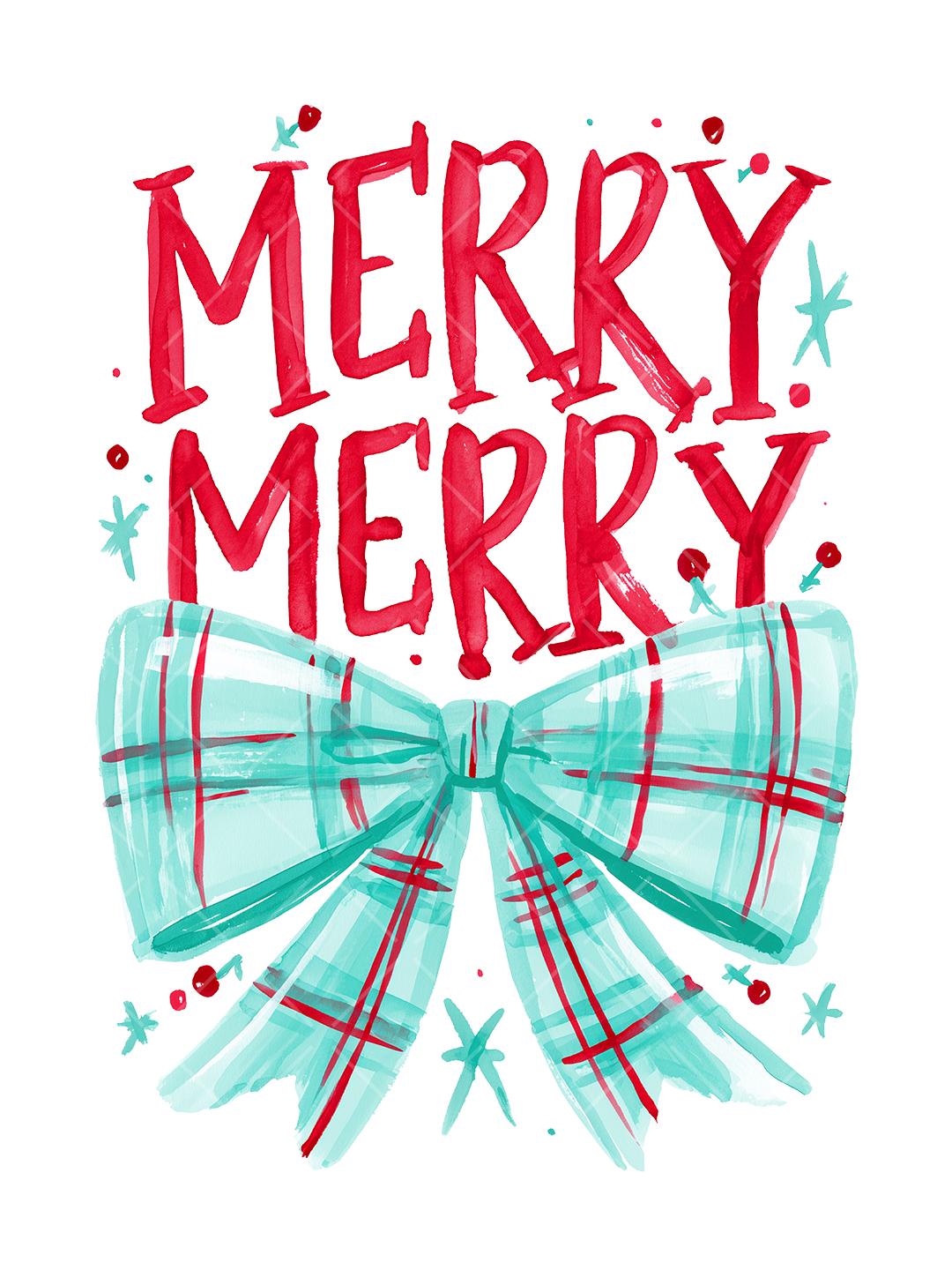 Watercolor Merry Merry Christmas design with red lettering, a large mint plaid bow, berries, and scattered star accents