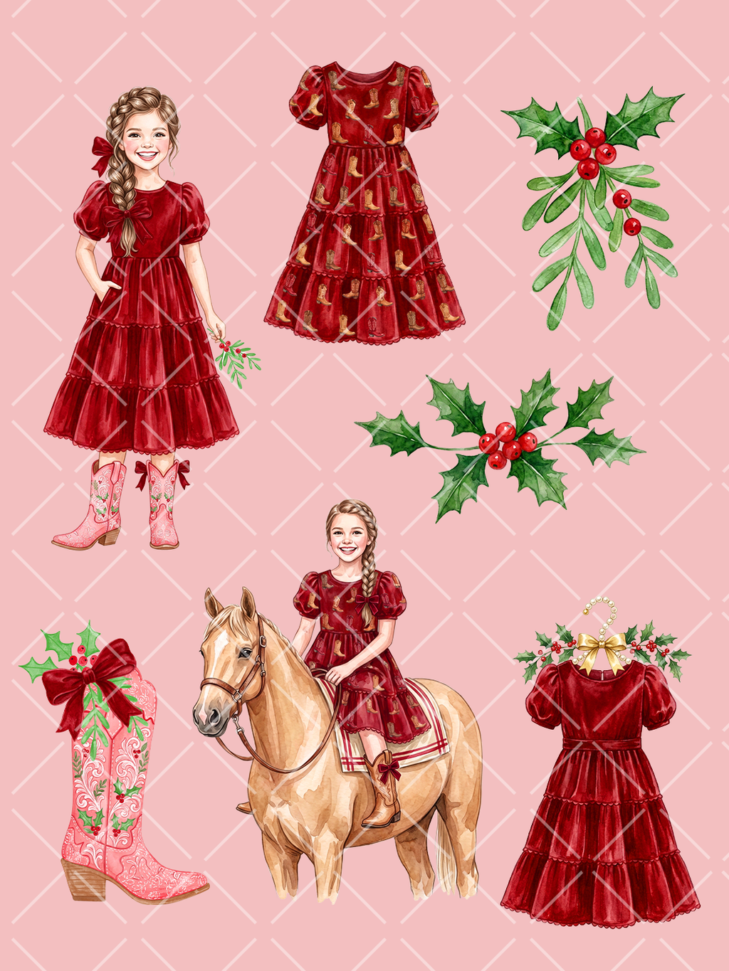 Watercolor Christmas clipart featuring girls in red velvet dresses, a palomino horse, pink cowboy boots, holly, berries, greenery, and festive bows.