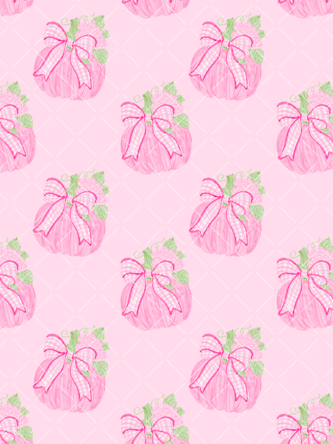 Seamless pattern of hand-painted pink pumpkins with pink gingham bows, floral clusters, green leaves, and a white lattice on a pale pink background.