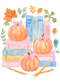 Watercolor fall design with three orange pumpkins tied with pink bows, pastel book stacks, autumn leaves, and orange pencils.