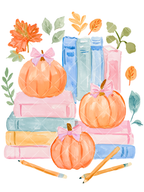 Watercolor fall design with three orange pumpkins tied with pink bows, pastel book stacks, autumn leaves, and orange pencils.