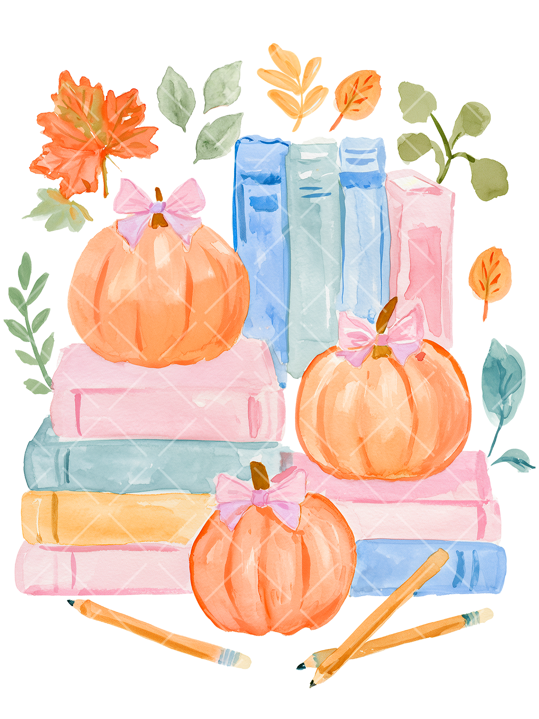 Watercolor fall design with three orange pumpkins tied with pink bows, pastel book stacks, autumn leaves, and orange pencils.