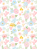 Pastel watercolor seamless pattern with scattered pink and blue flowers, peach blossoms, green leaves, and golden centers on white