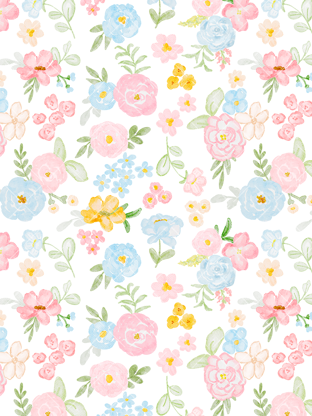Pastel watercolor seamless pattern with scattered pink and blue flowers, peach blossoms, green leaves, and golden centers on white
