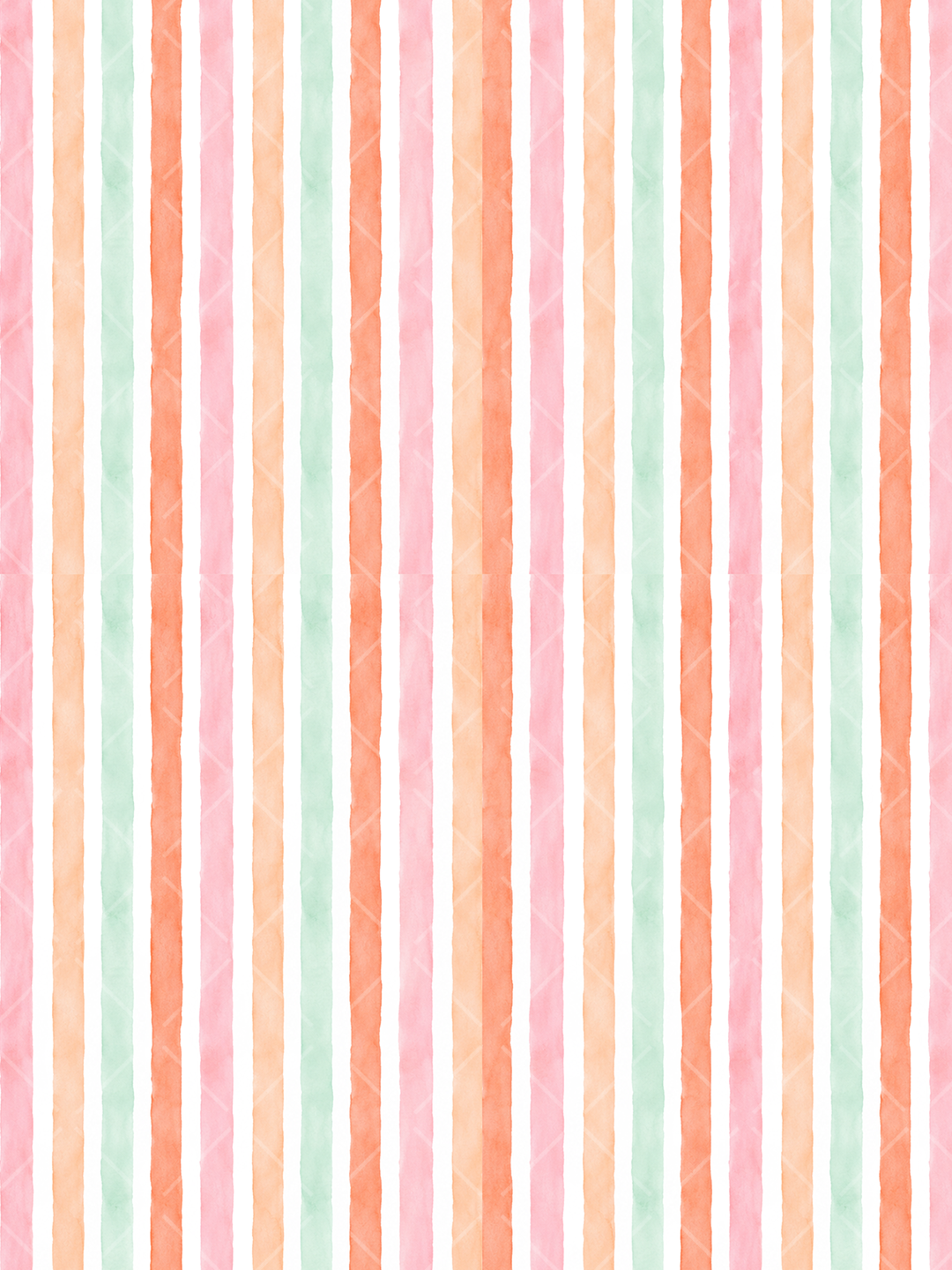 Seamless watercolor pattern with vertical coral orange, peach, pink, and mint stripes on a white background