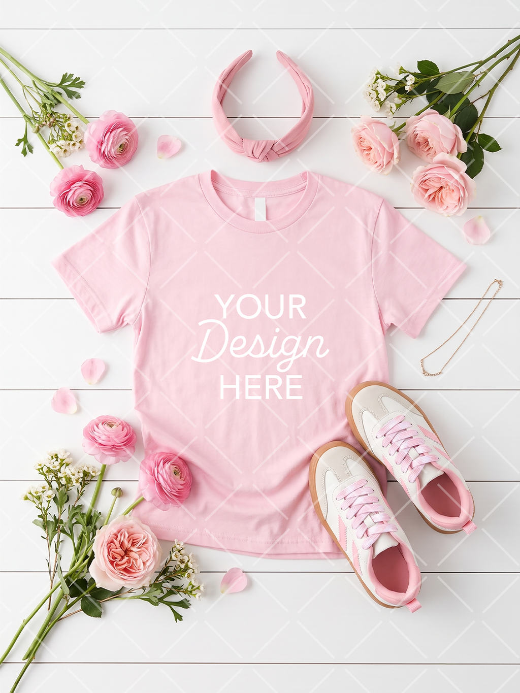 Pink crewneck t-shirt flat-lay mockup styled with pink roses, a knotted headband, sneakers, and a necklace on white wood planks.