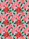 Seamless Christmas pattern with painterly pink and red poinsettias, dark green leaves, golden flower centers, and a soft blue background.