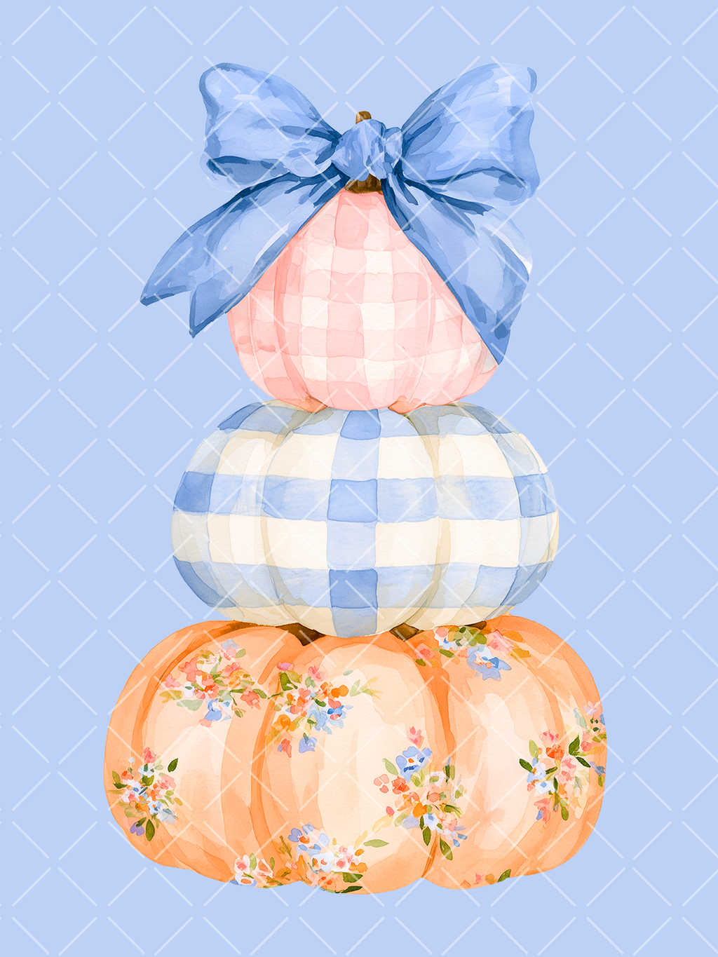 Watercolor Stacked Pumpkins with Blue Bow PNG Design