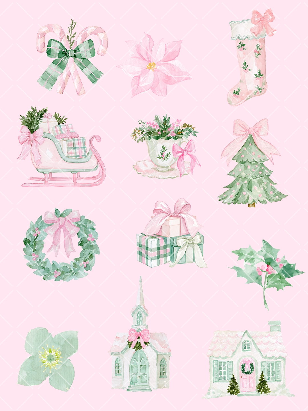 Pink Christmas Watercolor Clipart Set – 28 PNG Files