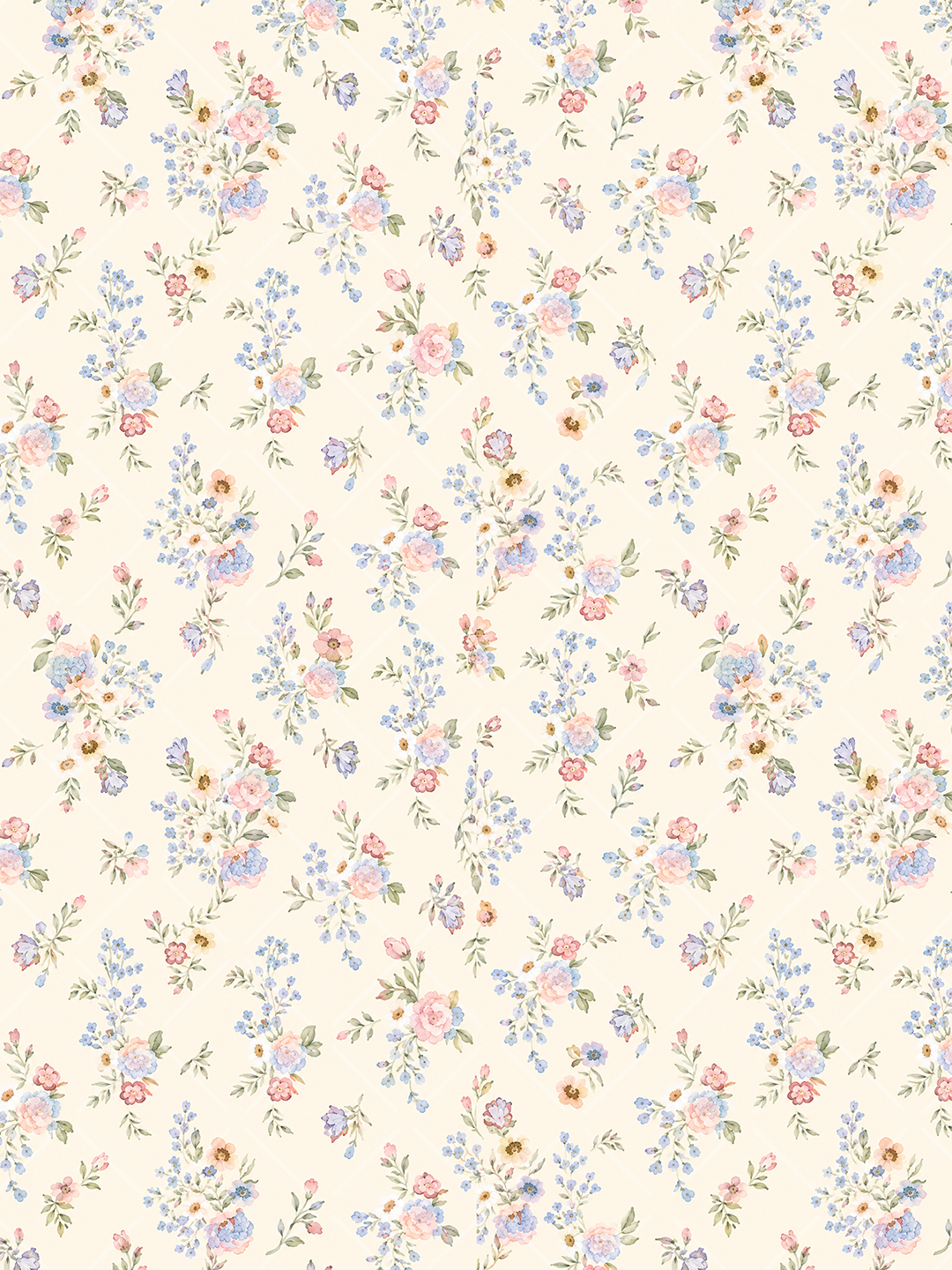 Seamless watercolor floral pattern with pastel pink and blue bouquets, green leaves, and scattered flower sprigs on a cream lattice background.