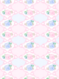 Watercolor seamless pattern with pink ribbon bows, scalloped frames, pink and blue gingham, and pastel rose bouquets