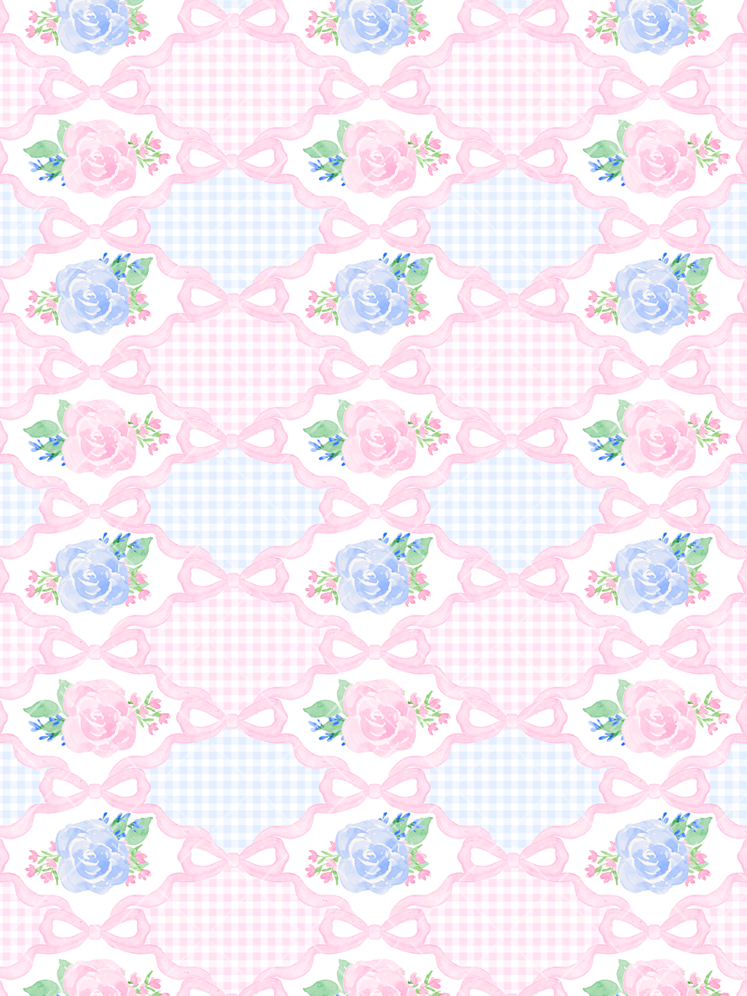 Watercolor seamless pattern with pink ribbon bows, scalloped frames, pink and blue gingham, and pastel rose bouquets