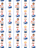 Watercolor seamless pattern of school boys holding books, blue book stacks topped with red apples, and pale blue wavy stripes on white.