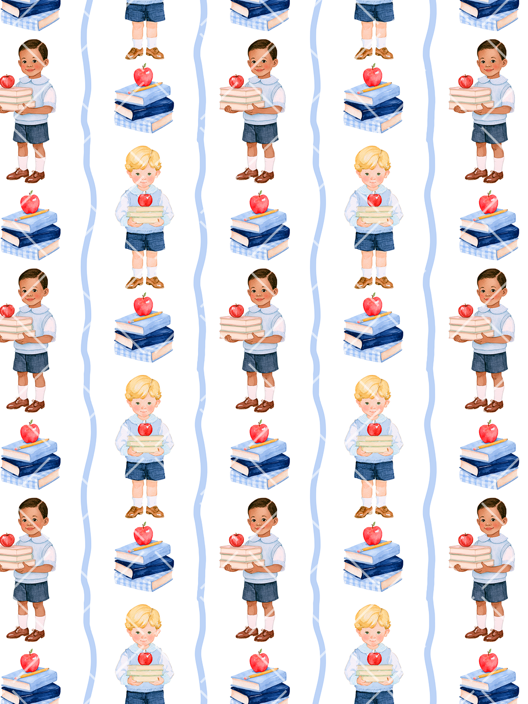 Watercolor seamless pattern of school boys holding books, blue book stacks topped with red apples, and pale blue wavy stripes on white.